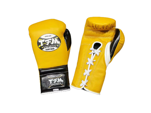 TFM T3 HANDMADE PROFESSIONAL COMPETITIONS BOXING GLOVES LACES UP 12-16 oz Yellow Black