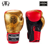 Top King TKBGCT-CN01 "FOOK" & "DOUBLE HAPPINESS" MUAY THAI BOXING GLOVES 8-14 oz Gold Red