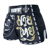 Tuff MS206 Muay Thai Boxing Shorts S-XXL New Retro Style Black Singha Yantra with War Flag