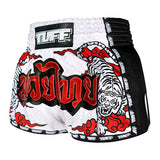 Tuff MS301 Muay Thai Boxing Shorts S-XXL White Retro Style Double Tiger With Red Text