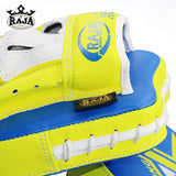 RAJA RTPP-7 CURVED MUAY THAI BOXING MMA PUNCHING SMALL AIR FOCUS MITTS PADS Light Weight Cooltex PU Leather 21 x 17.5 x 3 cm Blue Yellow