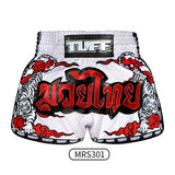 Tuff MS301 Muay Thai Boxing Shorts S-XXL White Retro Style Double Tiger With Red Text