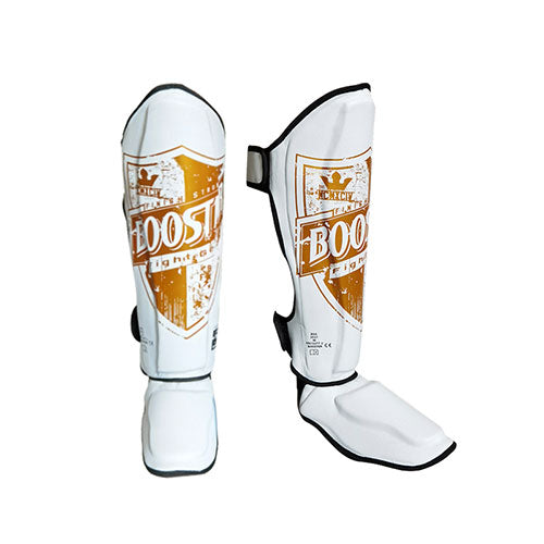BOOSTER SHIELD 3 MUAY THAI BOXING MMA SHIN GUARD PROTECTOR COWHIDE LEATHER S-XL White Gold