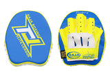 RAJA RTPP-7 CURVED MUAY THAI BOXING MMA PUNCHING SMALL AIR FOCUS MITTS PADS Light Weight Cooltex PU Leather 21 x 17.5 x 3 cm Blue Yellow