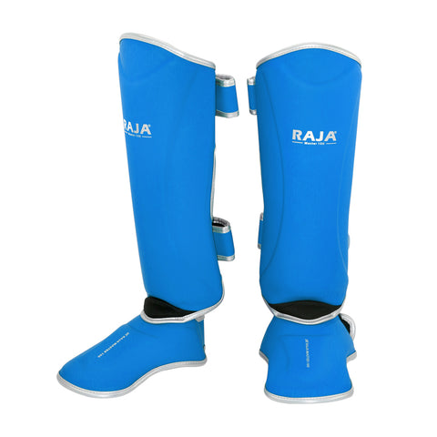 RAJA MASTER-100 MUAY THAI BOXING MMA SPARRING SHIN GUARD PROTECTOR COWHIDE LEATHER Size M-XL Blue