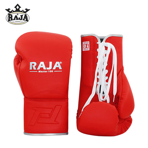 RAJA MASTER 100 PROFESSIONAL MUAY THAI BOXING GLOVES LACE UP Leather 10-12 oz Red