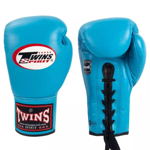 TWINS SPIRIT PROFESSIONAL COMPETITIONS MUAY THAI BOXING GLOVES LACES UP LEATHER 8-14 oz BGLL-1 Light Blue