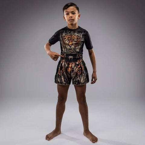 Venum-05378-117 Tiger Kids MUAY THAI BOXING Shorts 8-14 yrs Black Neon Orange