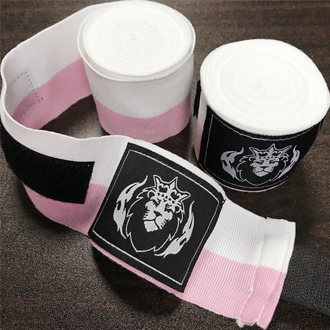 LION KING MUAY THAI BOXING HANDWRAPS 0030 Elastic Cotton 4m White Sakura Pink