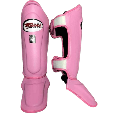 TWINS SPECIAL SGL-10 MUAY THAI BOXING MMA DOUBLE PADDED SHIN GUARD PROTECTOR ADULT & KIDS Leather XS-XL Pink