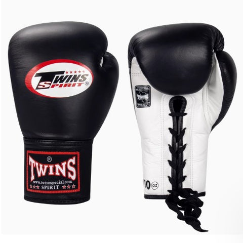 TWINS SPIRIT PROFESSIONAL COMPETITIONS MUAY THAI BOXING GLOVES LACES UP LEATHER 8-14 oz BGLL-1 Black White