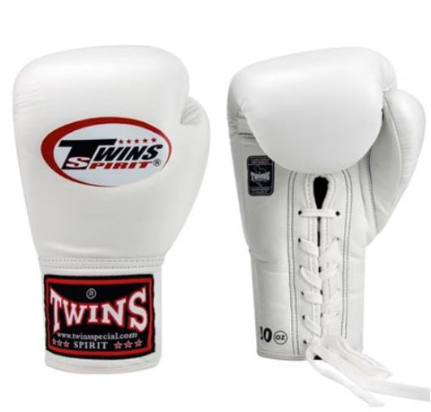 TWINS SPIRIT PROFESSIONAL COMPETITIONS MUAY THAI BOXING GLOVES LACES UP LEATHER 6 oz BGLL-1 WHITE