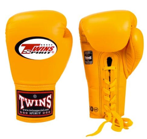 TWINS SPIRIT PROFESSIONAL COMPETITIONS MUAY THAI BOXING GLOVES LACES UP LEATHER 6 oz BGLL-1 YELLOW