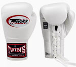 TWINS SPIRIT PROFESSIONAL COMPETITIONS MUAY THAI BOXING GLOVES LACES UP LEATHER 8-14 oz BGLL-1 WHITE
