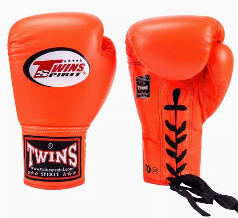 TWINS SPIRIT PROFESSIONAL COMPETITIONS MUAY THAI BOXING GLOVES LACES UP LEATHER 8-14 oz BGLL-1 Orange