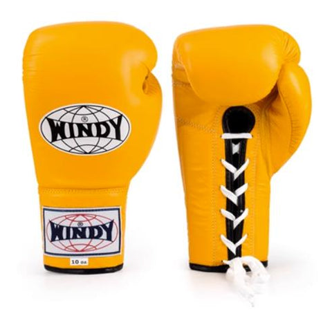 Windy BGL Classic Lace Up MUAY THAI BOXING GLOVES Cowhide Leather 8-16 oz Yellow