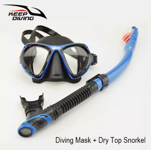 Scuba Diving Snorkeling Gear Set Plano Lenses Mask / Dry Top Snorkel Adults Blue DM406+SN506