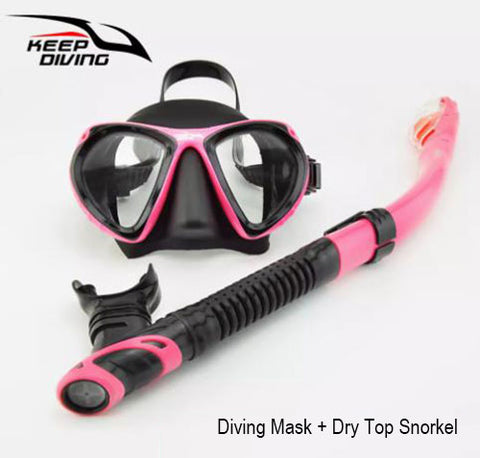 Scuba Diving Snorkeling Gear Set Plano Lenses Mask / Dry Top Snorkel Adults Pink DM406+SN506