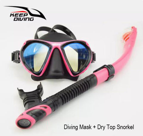 Scuba Diving Snorkeling Gear Set Coated Lenses Mask / Dry Top Snorkel Adults Pink DM406+SN506