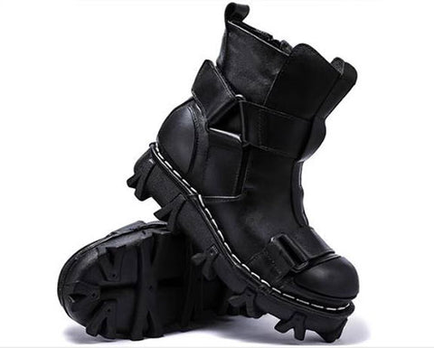 Motorcycle Biker Rock Punk Gothic Style Boots FWMB009B Cowhide Leather Black Size 37-50