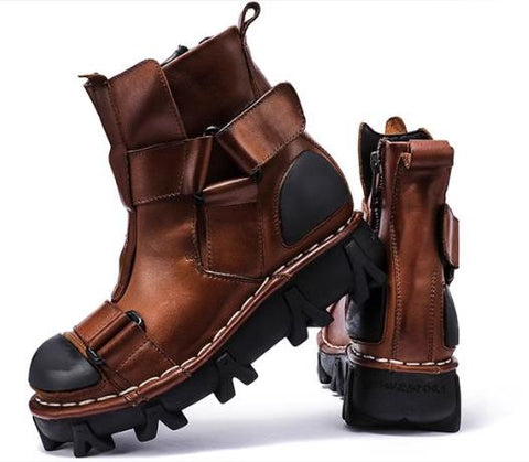 Motorcycle Biker Rock Punk Gothic Style Boots FWMB009B Cowhide Leather Brown Size 37-50