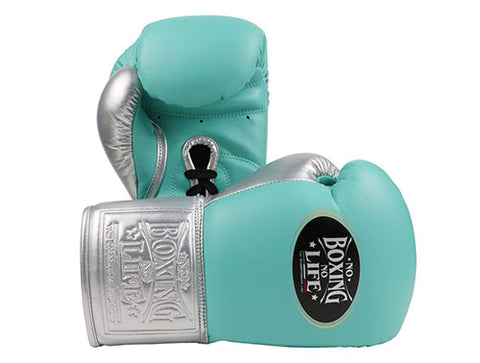 No Boxing No Life BOXING GLOVES SEEK DESTORY Lace Up Extra Thick Microfiber 8-16 oz Blue Silver