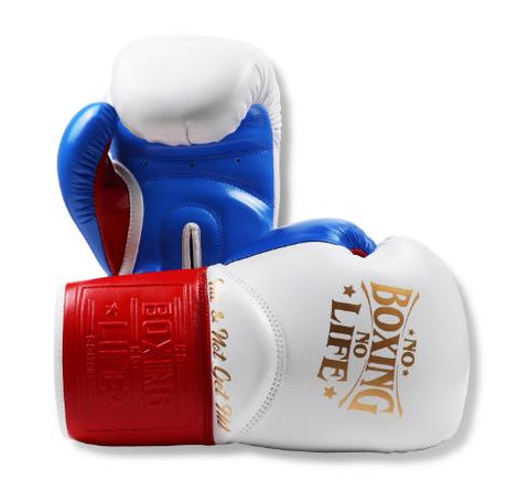 No Boxing No Life BOXING GLOVES HIT AND NOT GET HIT Microfiber 16-18 oz WHITE BLUE RED