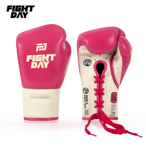 FIGHTDAY ZYS01 PROFESSIONAL COMPETITION MUAY THAI BOXING GLOVES LACE UP Microfiber 8-16 oz PINK WHITE