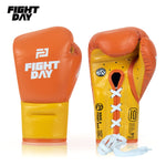 FIGHTDAY ZYS01 PROFESSIONAL COMPETITION MUAY THAI BOXING GLOVES LACE UP Microfiber 8-16 oz ORANGE YELLOW