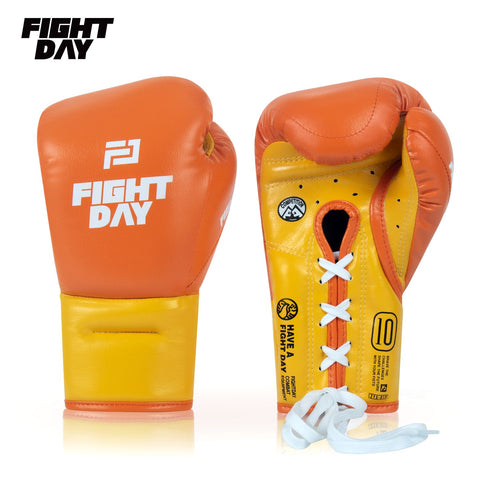 FIGHTDAY ZYS01 PROFESSIONAL COMPETITION MUAY THAI BOXING GLOVES LACE UP Microfiber 8-16 oz ORANGE YELLOW