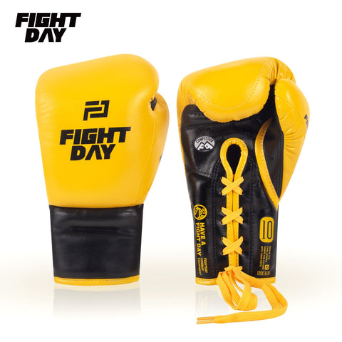 FIGHTDAY ZYS01 PROFESSIONAL COMPETITION MUAY THAI BOXING GLOVES LACE UP Microfiber 8-16 oz YELLOW BLACK