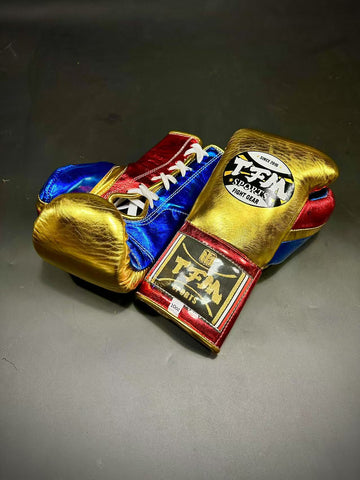 TFM RL5 HANDMADE PROFESSIONAL BOXING GLOVES 10 oz Metallic Gold Blue Red