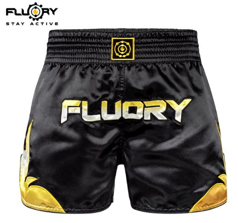 FLUORY MTSF116 MUAY THAI BOXING SHORTS XS-XXXL Black Gold UNISEX JUNIOR & ADULT