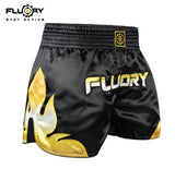 FLUORY MTSF116 MUAY THAI BOXING SHORTS XS-XXXL Black Gold UNISEX JUNIOR & ADULT