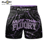 FLUORY MTSF121 MUAY THAI BOXING SHORTS XS-XXXL BLACK PURPLE UNISEX JUNIOR & ADULT