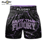 FLUORY MTSF121 MUAY THAI BOXING SHORTS XS-XXXL BLACK PURPLE UNISEX JUNIOR & ADULT