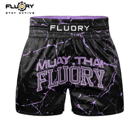 FLUORY MTSF121 MUAY THAI BOXING SHORTS XS-XXXL BLACK PURPLE UNISEX JUNIOR & ADULT
