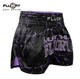FLUORY MTSF121 MUAY THAI BOXING SHORTS XS-XXXL BLACK PURPLE UNISEX JUNIOR & ADULT