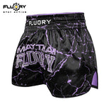FLUORY MTSF121 MUAY THAI BOXING SHORTS XS-XXXL BLACK PURPLE UNISEX JUNIOR & ADULT