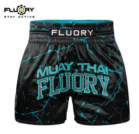FLUORY MTSF121 MUAY THAI BOXING SHORTS XS-XXXL BLACK BLUE UNISEX JUNIOR & ADULT