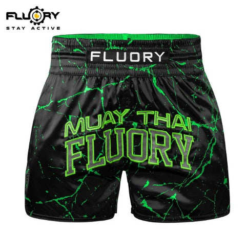 FLUORY MTSF121 MUAY THAI BOXING SHORTS XS-XXXL BLACK GREEN UNISEX JUNIOR & ADULT