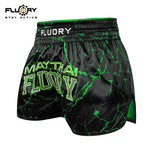 FLUORY MTSF121 MUAY THAI BOXING SHORTS XS-XXXL BLACK GREEN UNISEX JUNIOR & ADULT