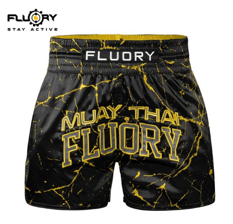 FLUORY MTSF121 MUAY THAI BOXING SHORTS XS-XXXL BLACK YELLOW UNISEX JUNIOR & ADULT