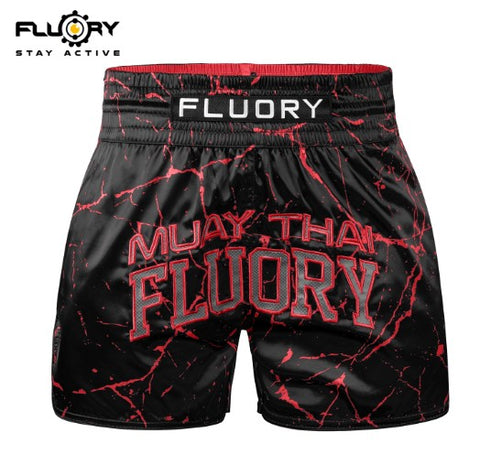 FLUORY MTSF121 MUAY THAI BOXING SHORTS XS-XXXL BLACK RED UNISEX JUNIOR & ADULT