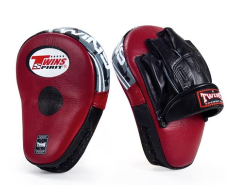 TWINS SPIRIT DELUXE CURVED PML-10 MUAY THAI BOXING MMA PUNCHING FOCUS MITTS PADS Leather Maroon Black