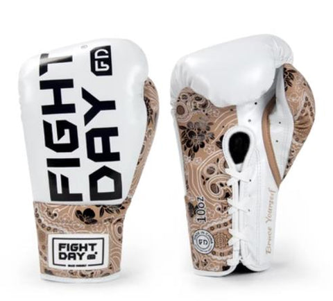 FIGHTDAY SGL2 PROFESSIONAL COMPETITION MUAY THAI BOXING GLOVES LACE UP Microfiber 8-14 oz White Khaki