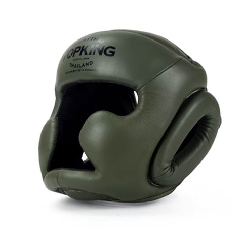 TOP KING TKHGFC-EV FULL FACE MUAY THAI BOXING MMA SPARRING HEADGEAR HEAD GUARD PROTECTOR Leather M-XL Army Green