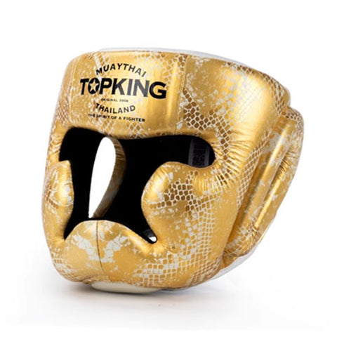 TOP KING TKHGSS-02 SUPER SNAKE FULL FACE MUAY THAI BOXING MMA SPARRING HEADGEAR HEAD GUARD PROTECTOR Leather M-XL White Gold