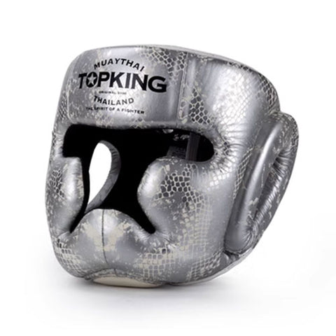 TOP KING TKHGSS-02 SUPER SNAKE FULL FACE MUAY THAI BOXING MMA SPARRING HEADGEAR HEAD GUARD PROTECTOR Leather M-XL White Silver