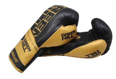 GREENHILL EXCELLENT PROFESSIONAL COMPETITION BOXING GLOVES LACE UP 8-16 oz Black Gold